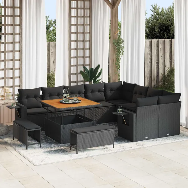 Ensemble de canapé de jardin avec coussin 13 pcs Noir polyrotin