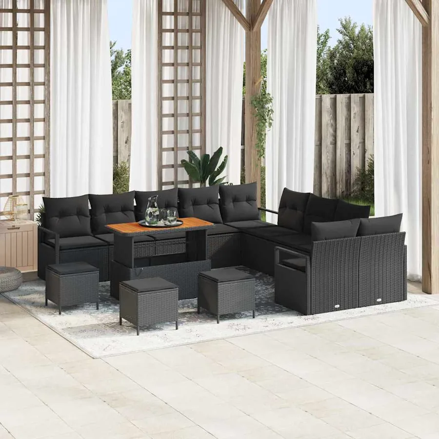 Ensemble de canapé de jardin avec coussin 14 pcs Noir polyrotin