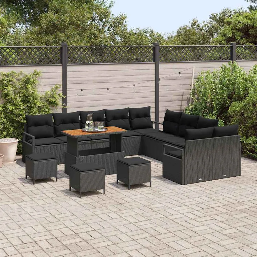 Ensemble de canapé de jardin avec coussin 14 pcs Noir polyrotin - 3