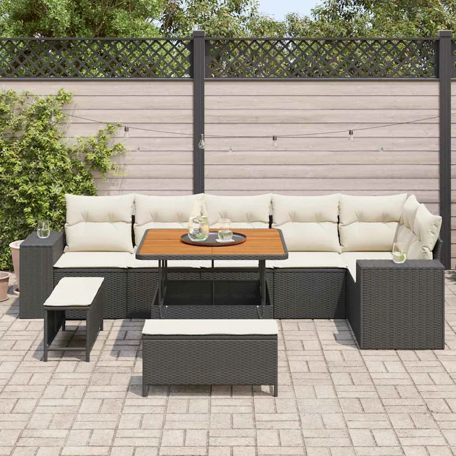 Ensemble de canapé de jardin 9 pcs Noir et Crème polyrotin - 3