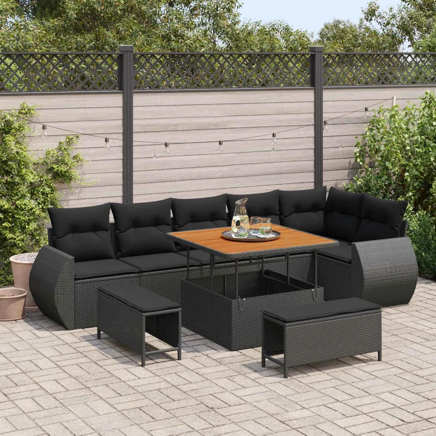 Ensemble de canapé de jardin 9 pcs Noir Poly Rattan