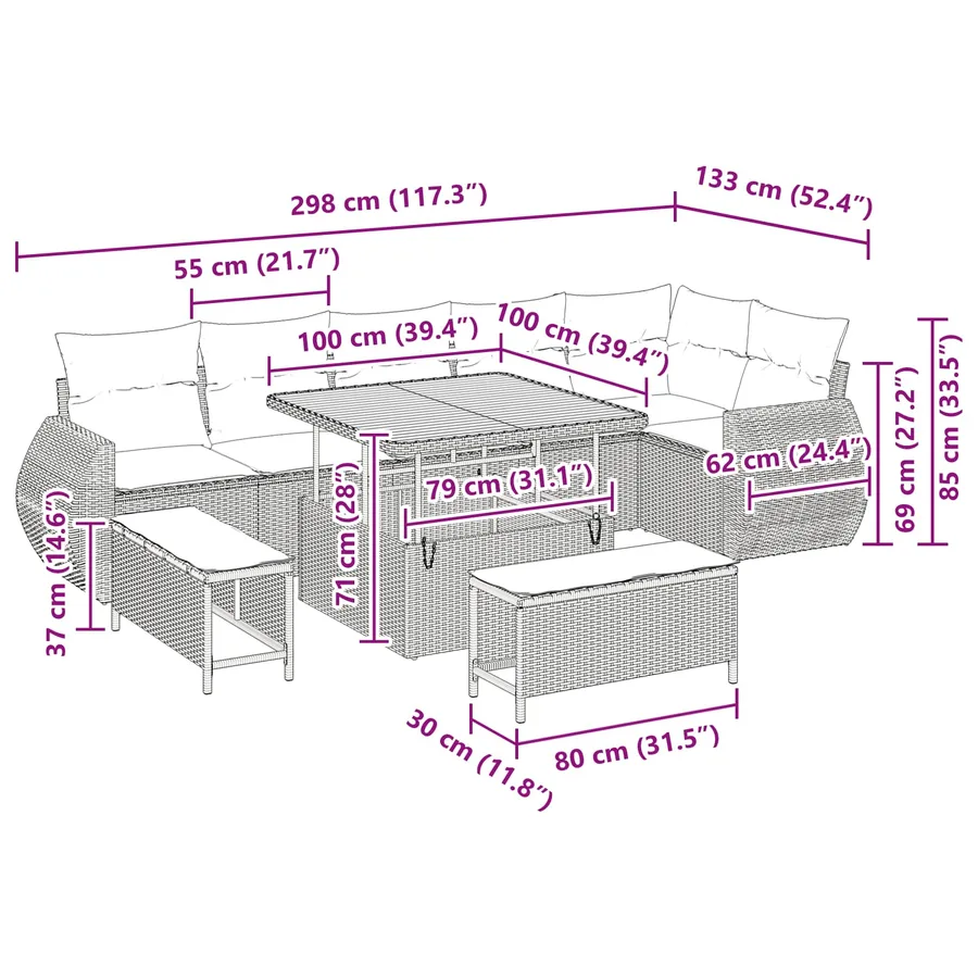 Ensemble de canapé de jardin 9 pcs Noir Poly Rattan - 18