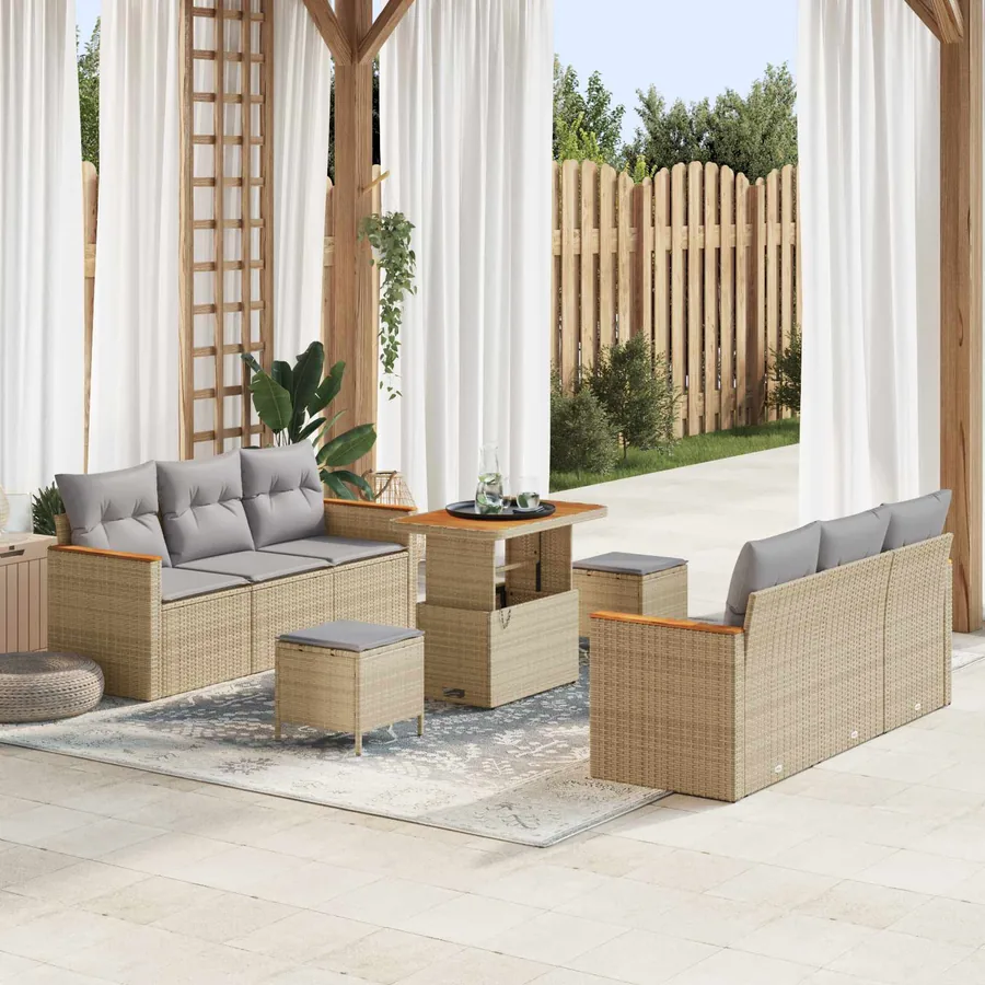 Ensemble de canapé de jardin 9 pcs Beige polyrotin