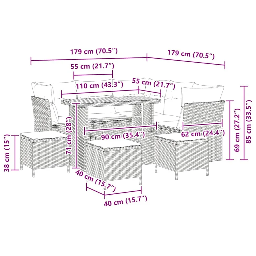 Ensemble de canapé de jardin 9 pcs Noir polyrotin - 9