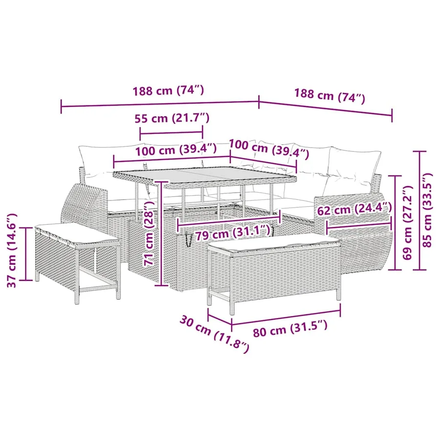 Ensemble de canapé de jardin 8 pcs Noir polyrotin - 14