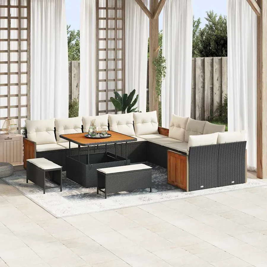 Ensemble de canapé de jardin 17 pcs Noir et Crème polyrotin