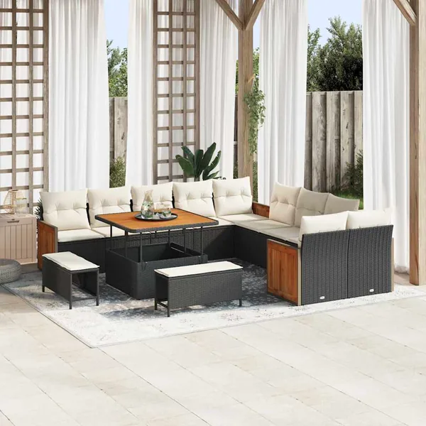 Ensemble de canapé de jardin 17 pcs Noir et Crème polyrotin