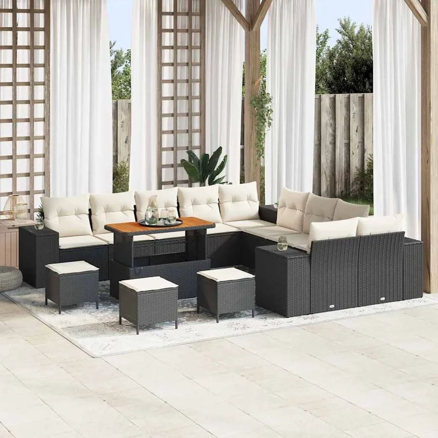 Ensemble de canapé de jardin avec coussin 14 pcs Noir polyrotin