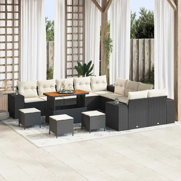 Ensemble de canapé de jardin avec coussin 14 pcs Noir polyrotin