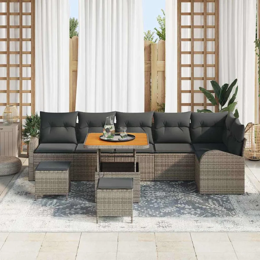 Ensemble de canapé de jardin avec coussin 9 pcs Gris polyrotin - 3