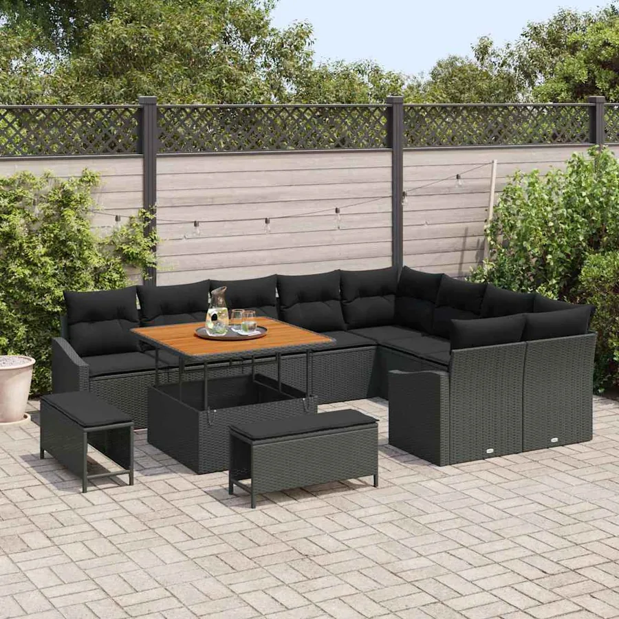 Ensemble de canapé de jardin avec coussin 12 pcs Noir polyrotin - 3