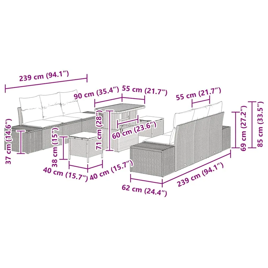 Ensemble de canapé de jardin avec coussin 9 pcs Gris polyrotin - 9