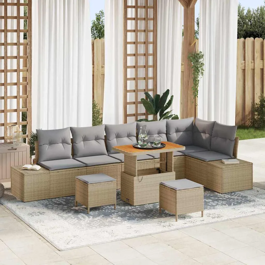 Ensemble de canapé de jardin avec coussin 9 pcs Beige polyrotin