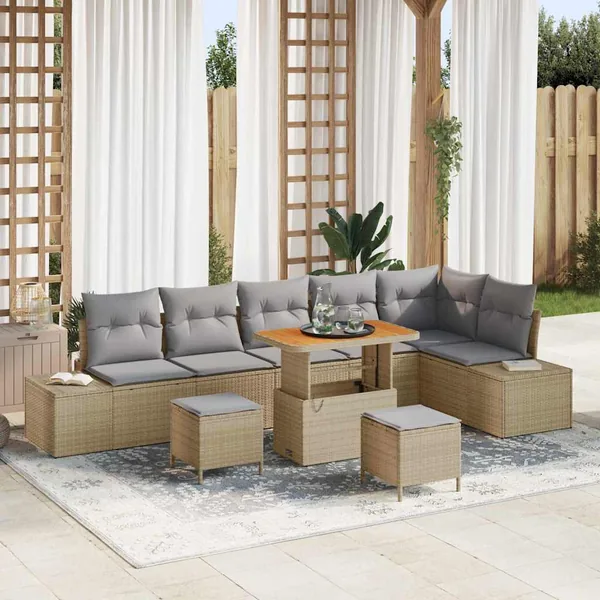 Ensemble de canapé de jardin avec coussin 9 pcs Beige polyrotin