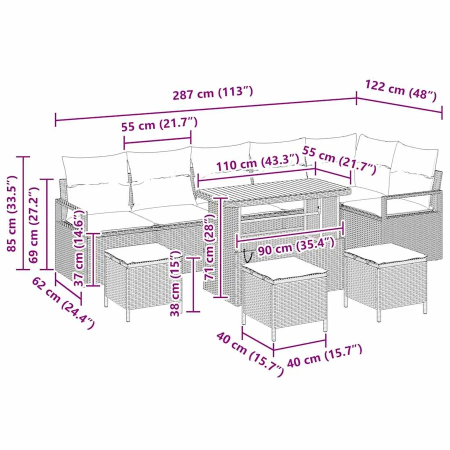 Ensemble de canapé de jardin 10 pcs Noir Poly rotin - 14