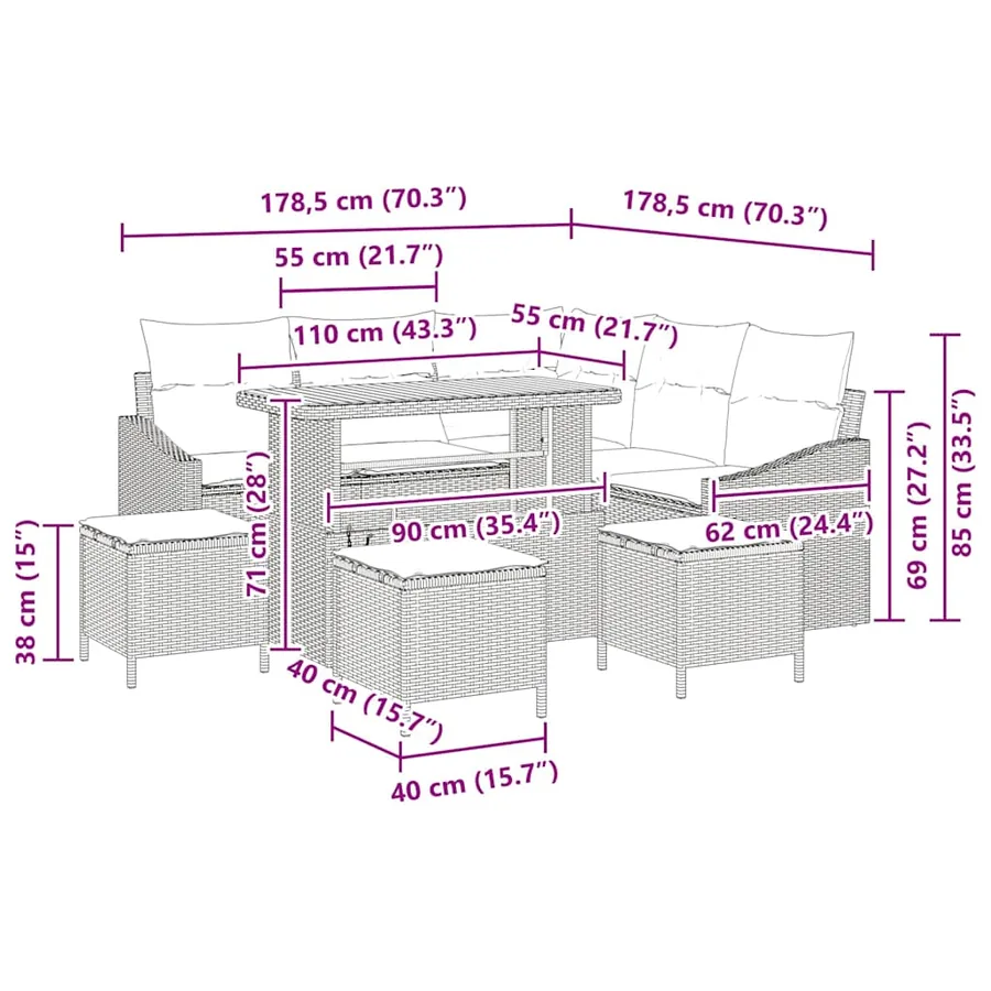 Ensemble de canapé de jardin avec coussin 9 pcs Noir polyrotin - 14