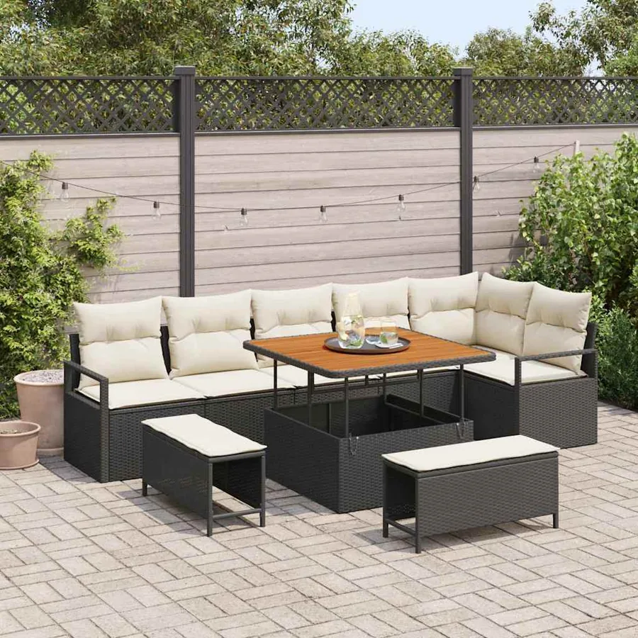 Ensemble de canapé de jardin avec coussin 9 pcs Noir Poly rotin