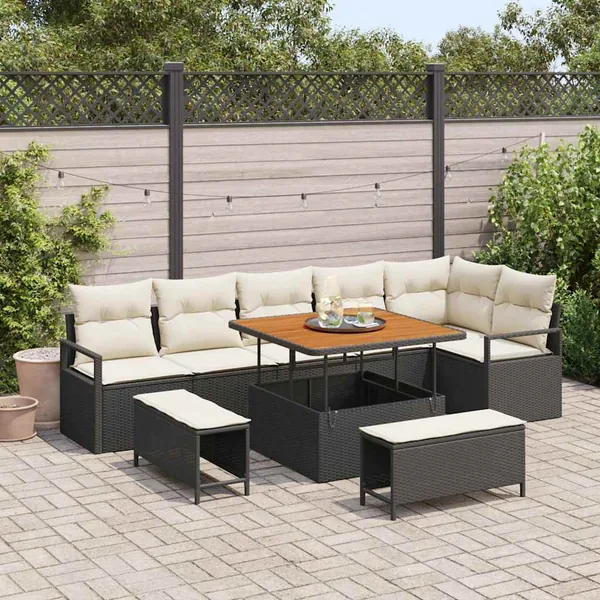 Ensemble de canapé de jardin avec coussin 9 pcs Noir Poly rotin