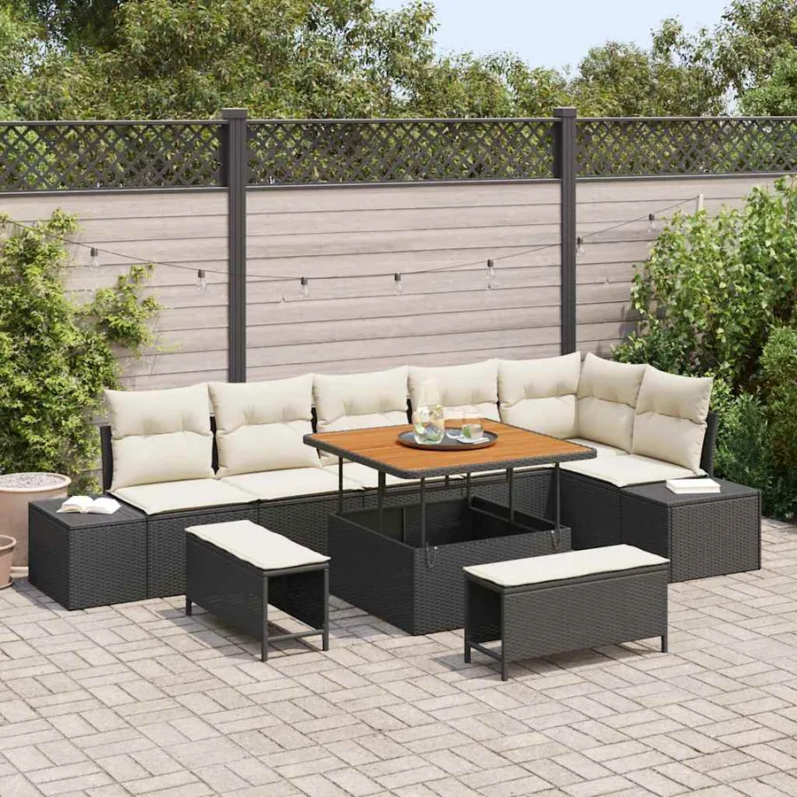 Ensemble de canapé de jardin avec coussin 9 pcs Noir polyrotin