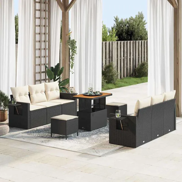 Ensemble de canapé de jardin avec coussin 9 pcs Noir polyrotin