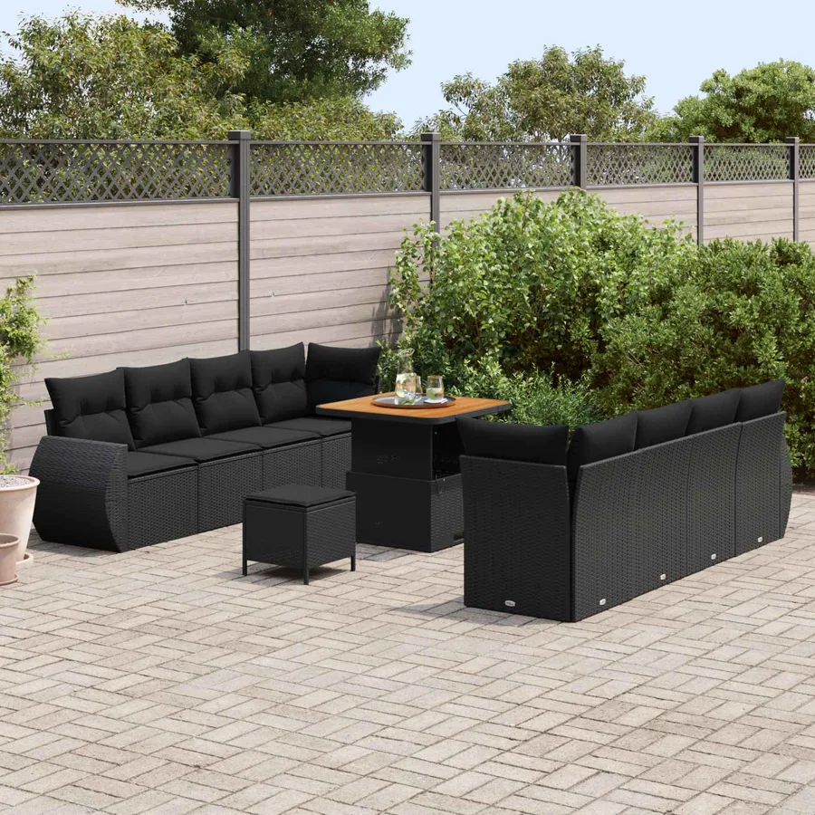 Ensemble de canapé de jardin avec coussin 11 pcs Noir polyrotin - 3