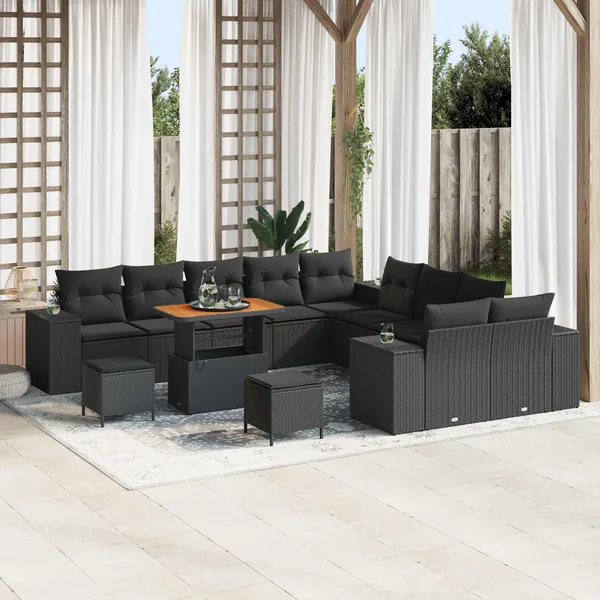 Ensemble de canapé de jardin avec coussin 13 pcs Noir polyrotin