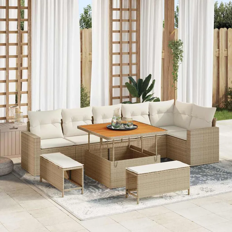 Ensemble de canapé de jardin 9 pcs Beige polyrotin