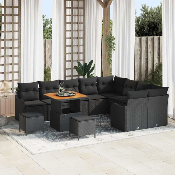 Ensemble de canapé de jardin avec coussin 12 pcs Noir polyrotin