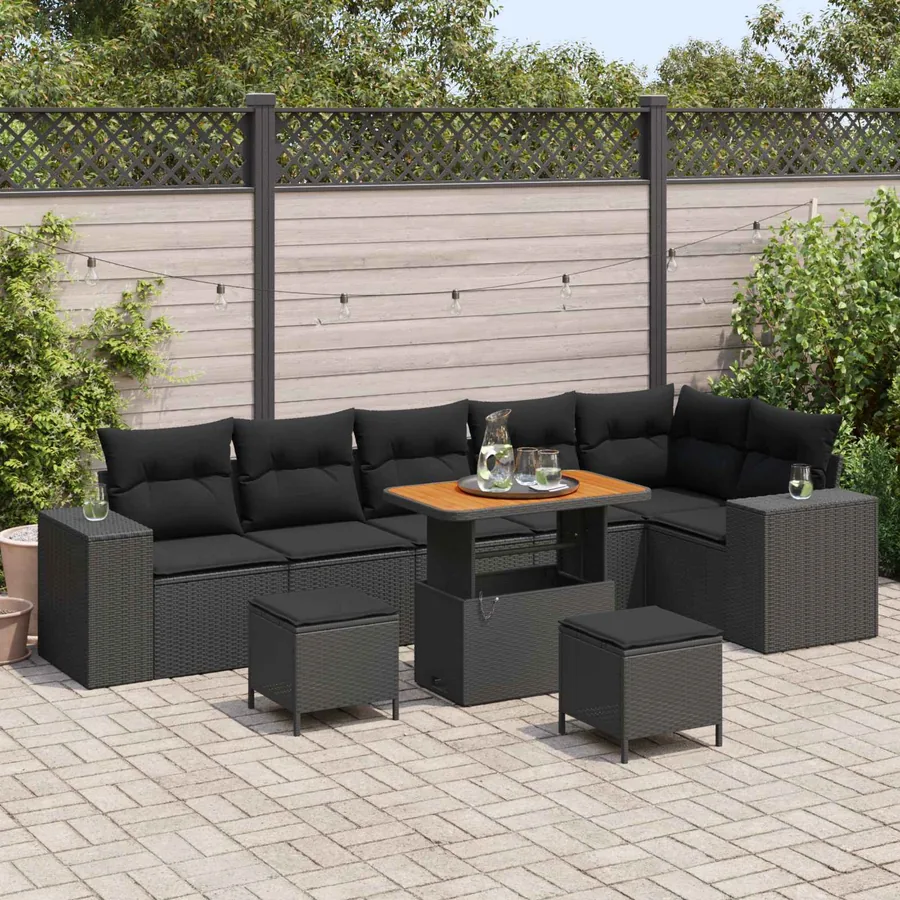 Ensemble de canapé de jardin avec coussin 9 pcs Noir polyrotin