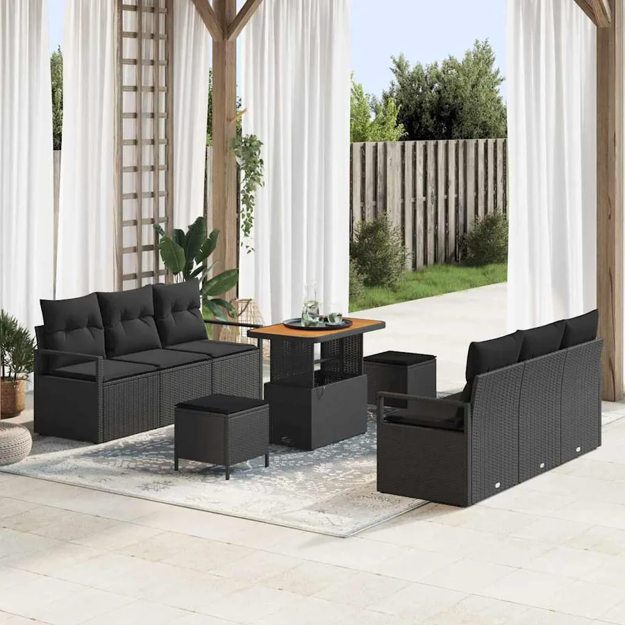 Ensemble de canapé de jardin avec coussin 9 pcs Noir polyrotin