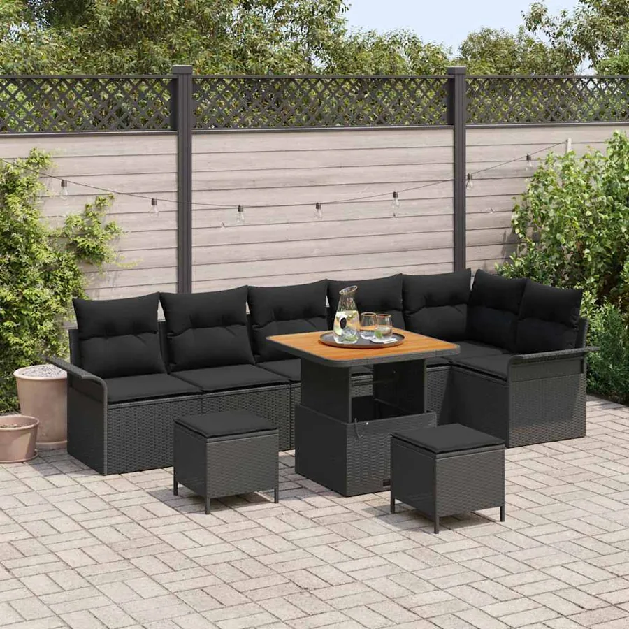 Ensemble de canapé de jardin avec coussin 9 pcs Noir polyrotin