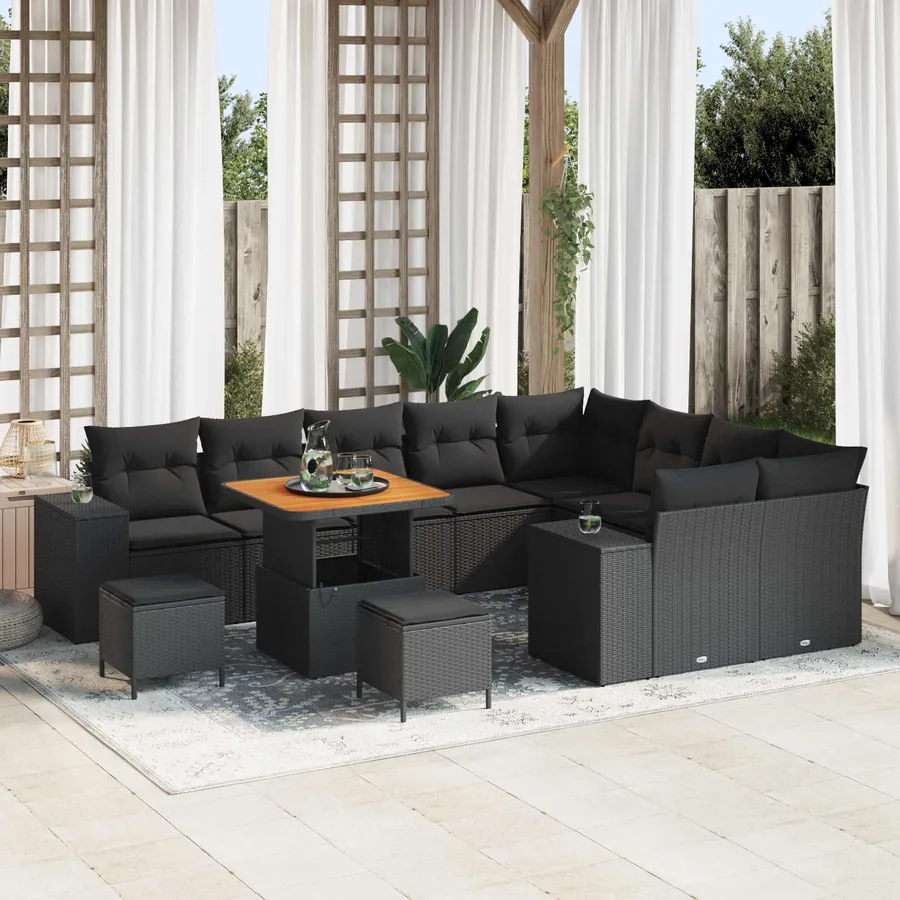 Ensemble de canapé de jardin avec coussin 12 pcs Noir polyrotin