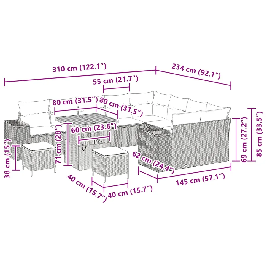 Ensemble de canapé de jardin avec coussin 12 pcs Noir polyrotin - 14