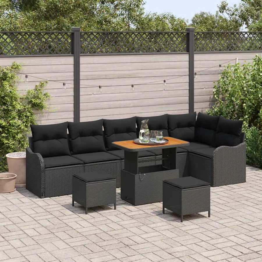 Ensemble de canapé de jardin avec coussin 9 pcs Noir polyrotin