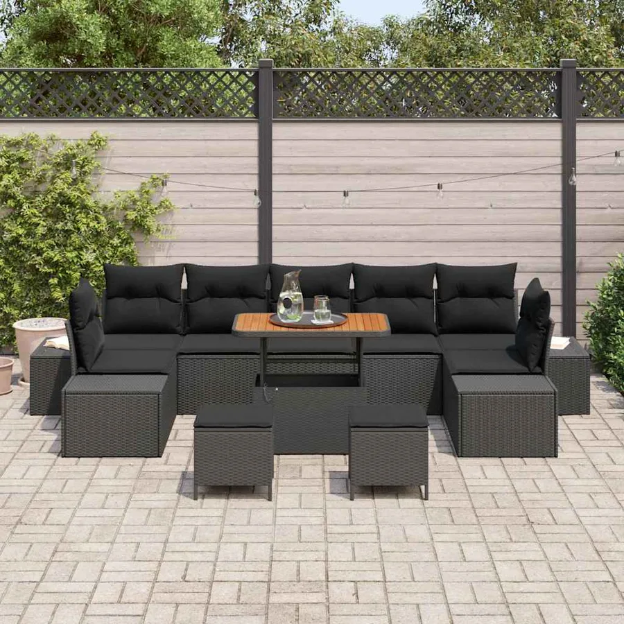 Ensemble de canapé de jardin avec coussin 10 pcs Noir polyrotin - 3