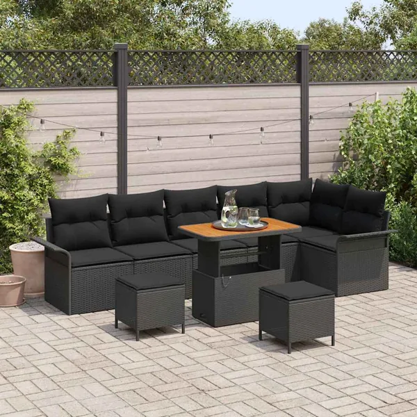Ensemble de canapé de jardin avec coussin 9 pcs Noir polyrotin