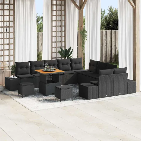 Ensemble de canapé de jardin avec coussin 13 pcs Noir polyrotin