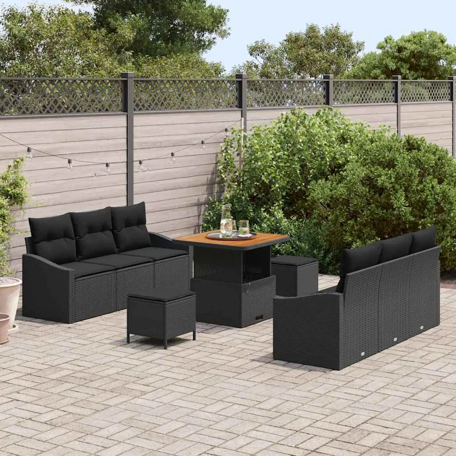 Ensemble de canapé de jardin avec coussin 9 pcs Noir polyrotin - 3