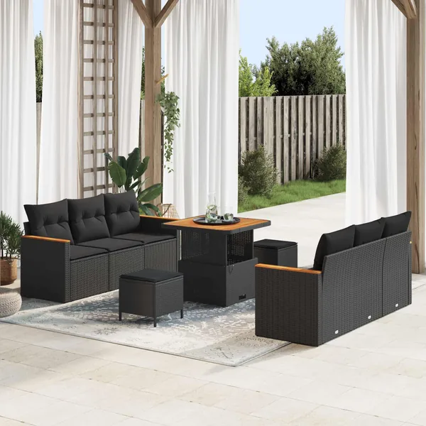 Ensemble de canapé de jardin 9 pcs Noir polyrotin