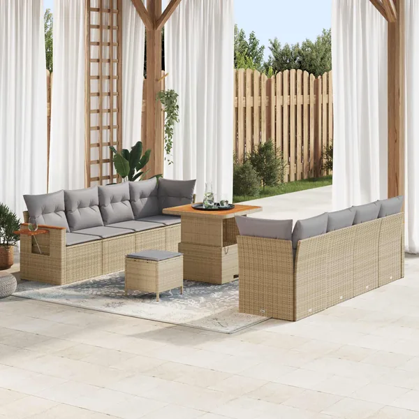 Ensemble de canapé de jardin 11 pcs Beige polyrotin