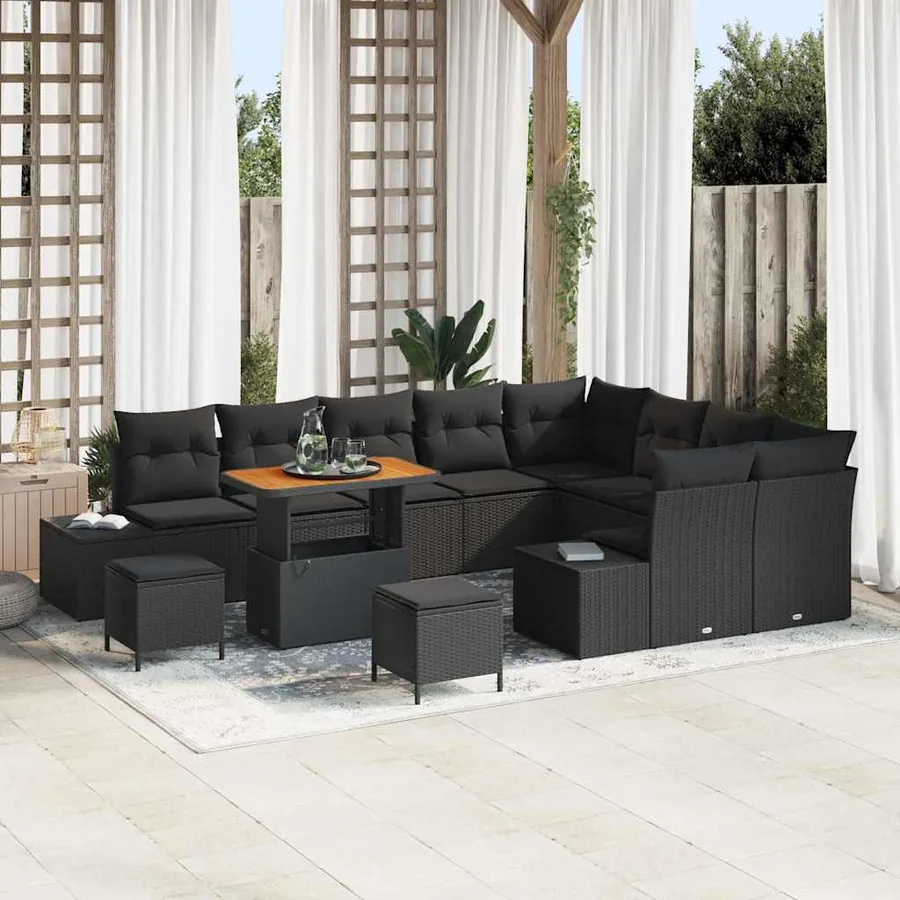 Ensemble de canapé de jardin avec coussin 12 pcs Noir polyrotin