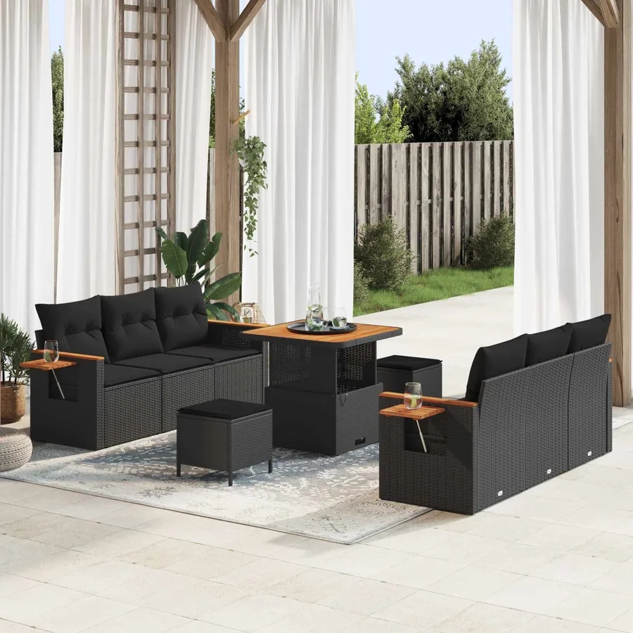 Ensemble de canapé de jardin 9 pcs Noir polyrotin