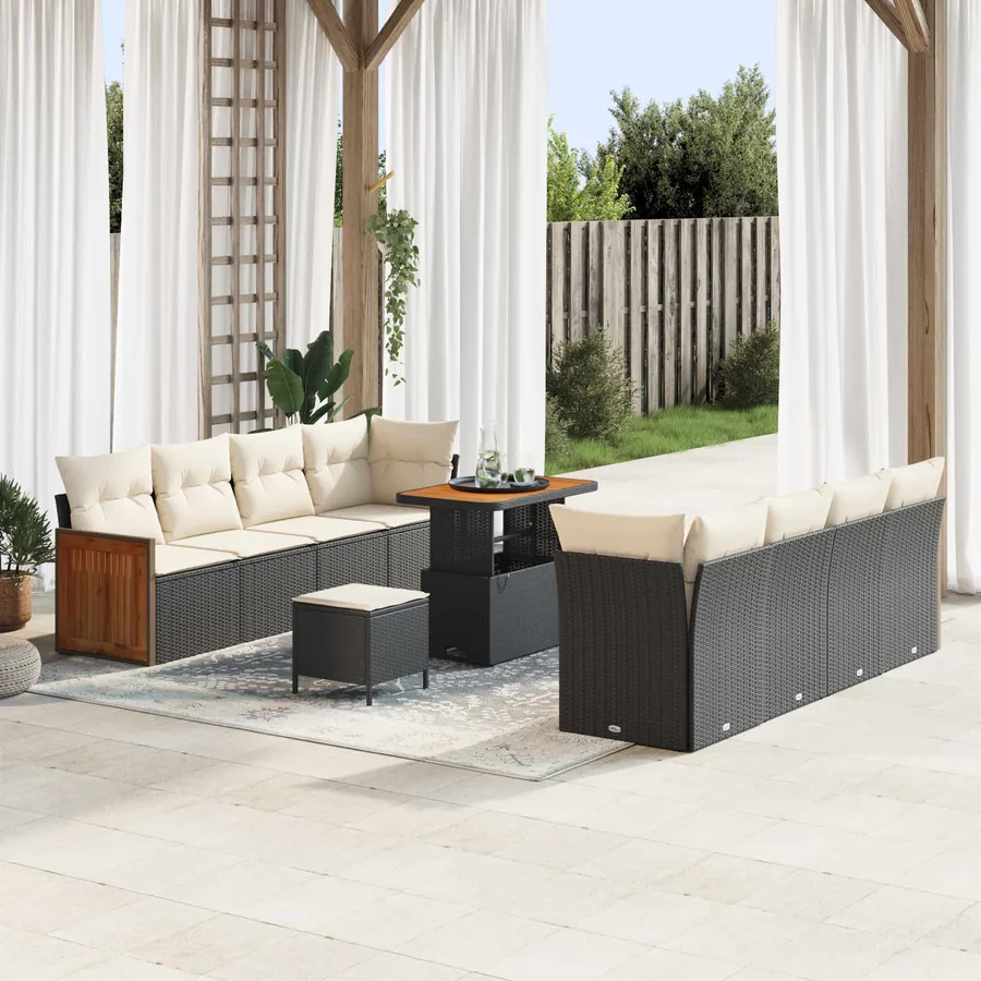 Ensemble de canapé de jardin avec coussin 11 pcs Noir et Crème