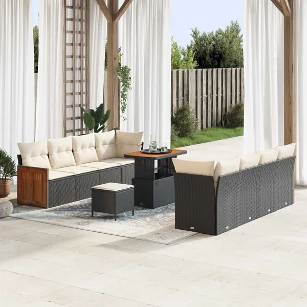 Ensemble de canapé de jardin avec coussin 11 pcs Noir et Crème