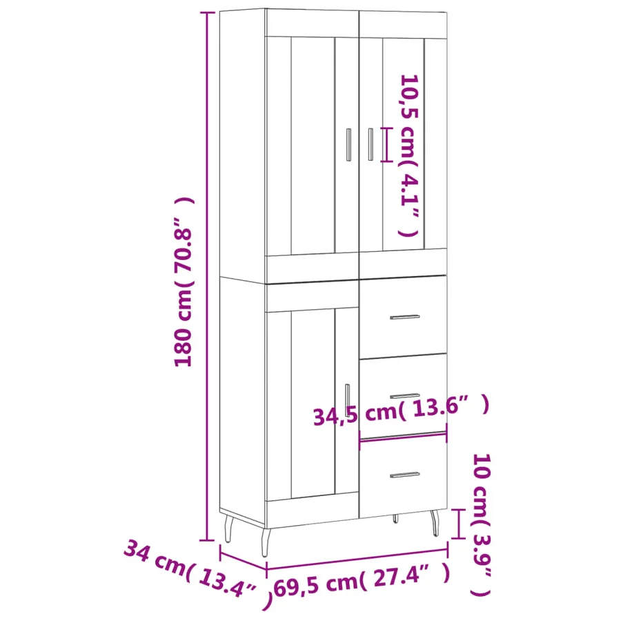 Buffet haut Blanc 69,5x34x180 cm Bois d'ingénierie - 14