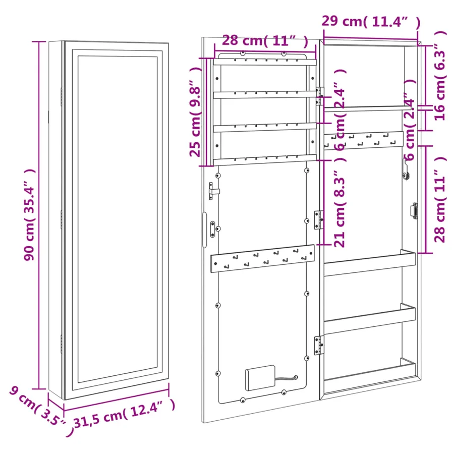 Armoire à bijoux avec miroir et éclairage LED mural blanc - 12