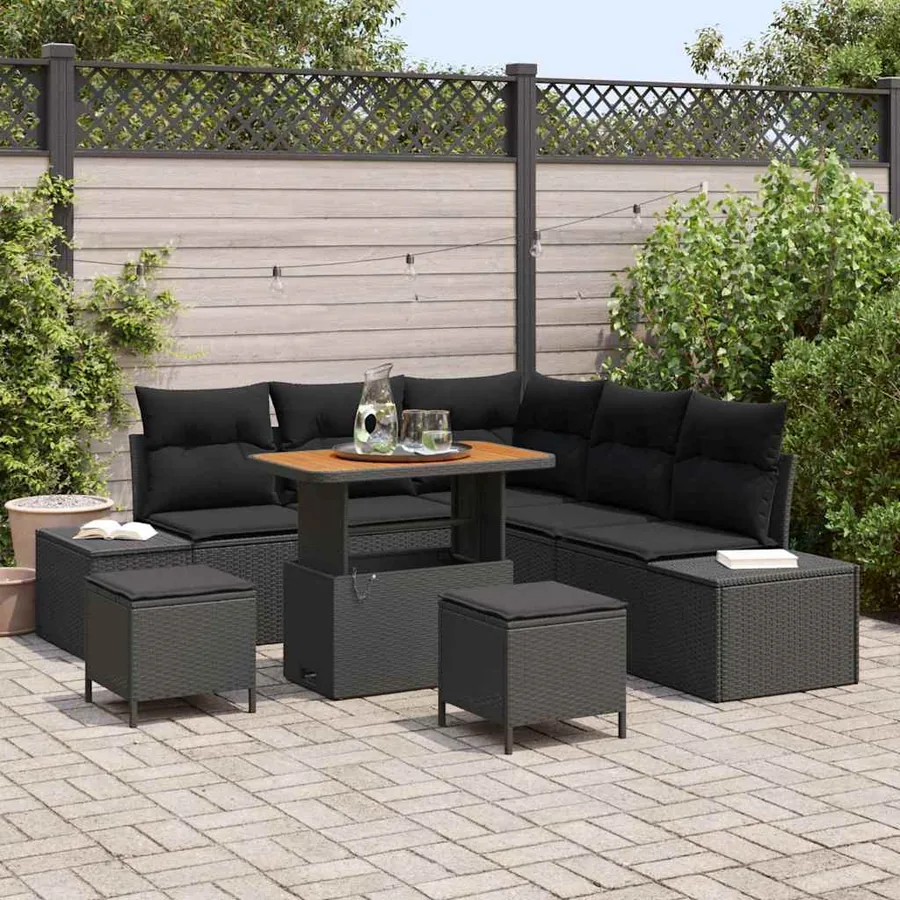 Ensemble de canapé de jardin avec coussin 8 pcs Noir Poly rotin