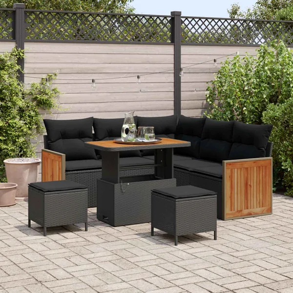 Ensemble de canapé de jardin avec coussin 9 pcs Noir polyrotin