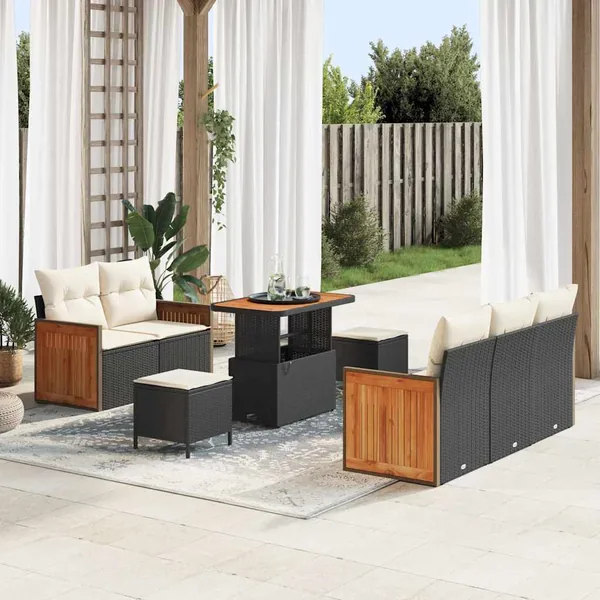 Ensemble de canapé de jardin 10 pcs Noir et Crème polyrotin