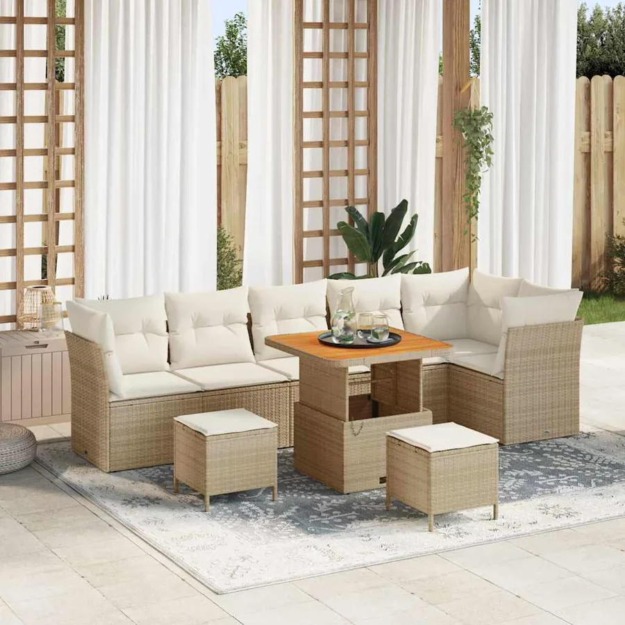 Ensemble de canapé de jardin 9 pcs Beige polyrotin